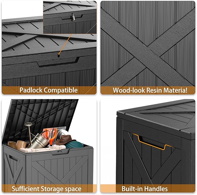 DRATO 33 Gallon Deck Boxes Resin Outdoor Storage Box UV Resistant Outside Deck Box with Lockable Lid for Patio Furniture（Black，33 Gallon）