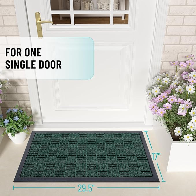OLANLY Front Door Mat Outside Entrance 29.5x17, Absorbent, Heavy Duty Sturdy Natural Rubber Doormat Indoor Outdoor, Non-Slip, Stain and Fade Resistant, Low Profile Floor Mat for Entryway, Black Green
