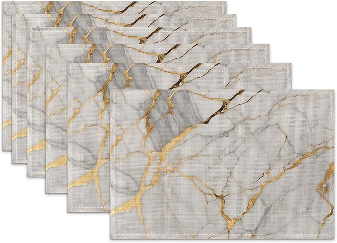 Placemats Set of 6,White Gold Marble Linen Table Mats Abstract Heat Resistant Place Mats Washable Dining Table Mats for Indoor Outdoor Kitchen Decor Easy Clean 12 x 18 Inch