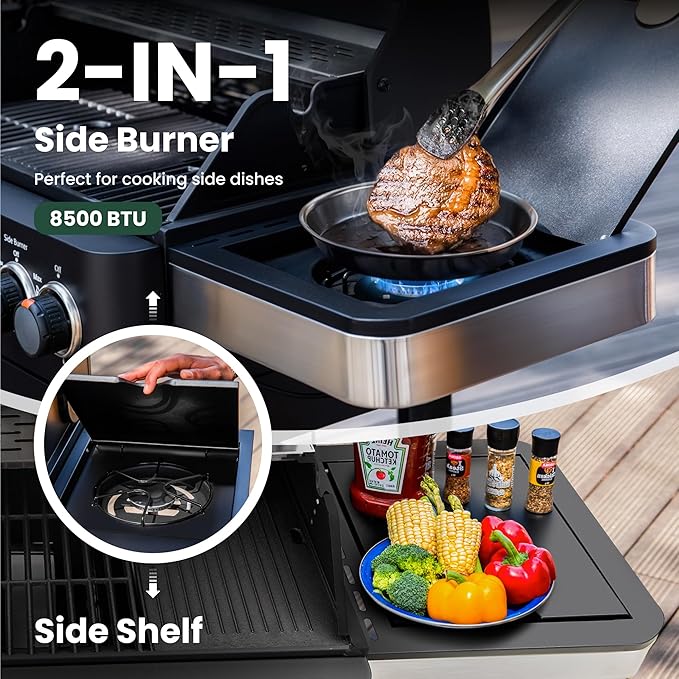 2 in 1 Propane Gas BBQ Grill with Side Burner & Porcelain-Enameled Cast Iron Grate, 4-Burner Flat Top Griddle, 46,700 BTU Outdoor Barbecue Propane Griddle Grill Combo for Camping, Patio, Backyard