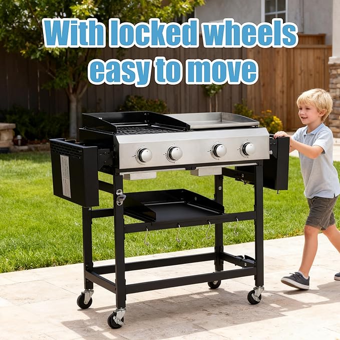 2-Burner Hybrid Grill with Flat Top, 38200 BTU for Backyard & Patio, Perfect for BBQ and Teppanyaki, Features Large Cooking Area & Durable Enamel Construction (2+2 PLANCHA)