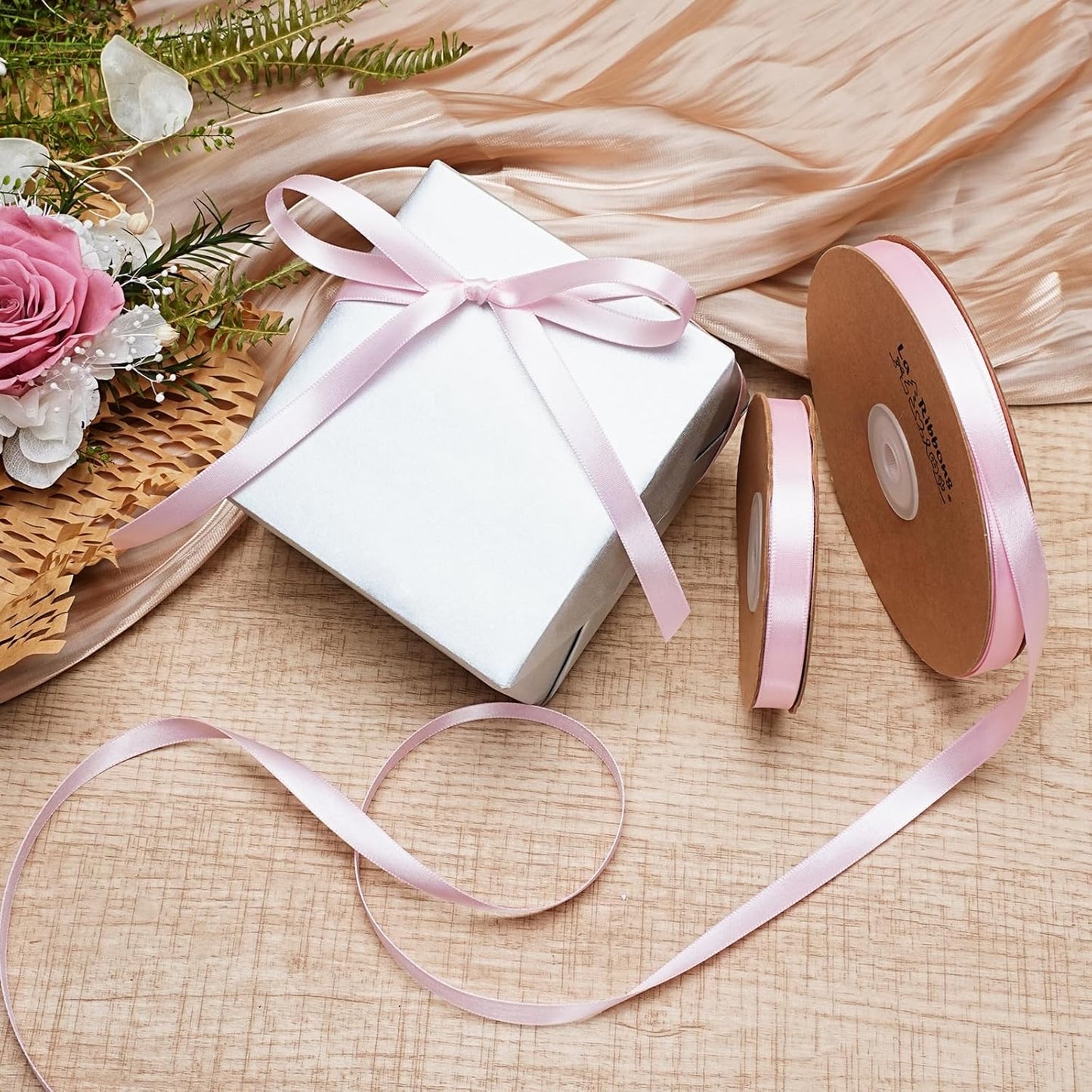 LaRibbons Light Pink Satin Ribbon 3/8 Inch 50 Yards Thin Luxury Double Faced Pink Silk Ribbon for Gift Wrapping Flower Bouquet Crafts Wedding BabyShower Decoration