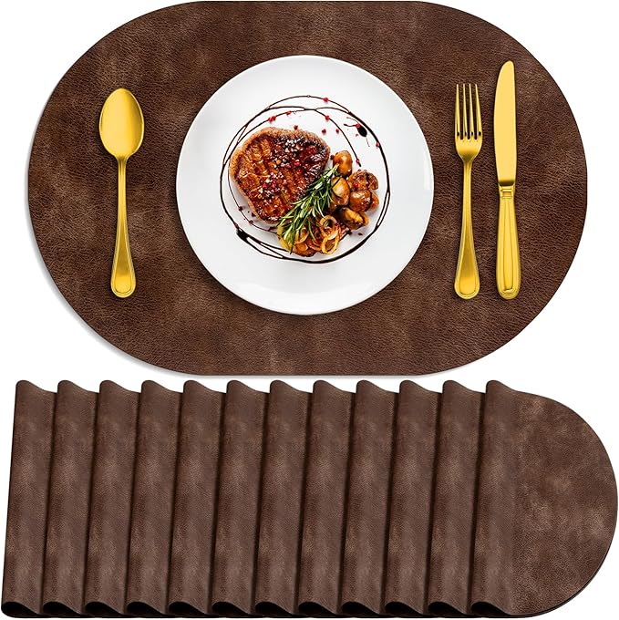 ADRIMER Placemats, Heat Resistant Oval Placemats Set of 12 Washable 12 x 17 Inch, Waterproof Table Mats, Wipeable Pu Place Mats for Kitchen, Dining Room, Brown