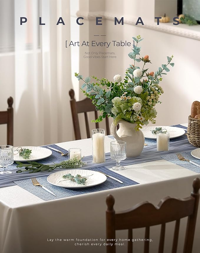 Leetaltree Gradient Blue Woven Placemats Set of 12 - Heat Resistant Non-Slip Place mats for Dining Table, Washable Durable PVC Vinyl Woven Table Mats(Gradient Blue, 12)