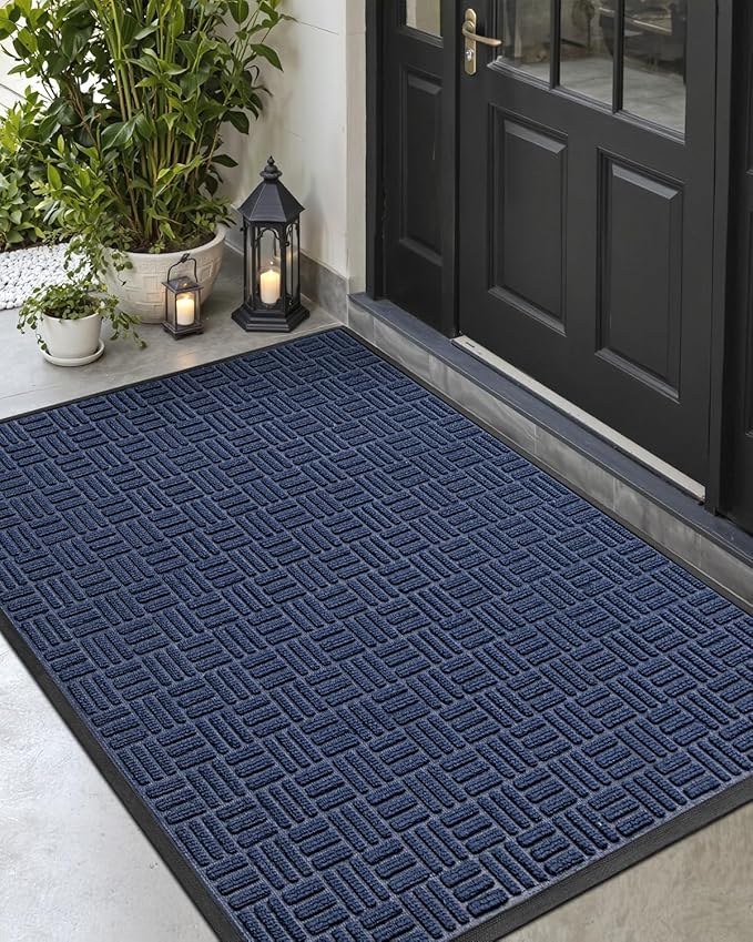 DEXI Front Door Mat Outside Entrance, 4x6 ft Large Rubber Entry Doormat Heavy Duty, Welcome Mats Non Slip for Inside House Floor Entryway Double Doors Exterior Patio, Maze Navy Blue