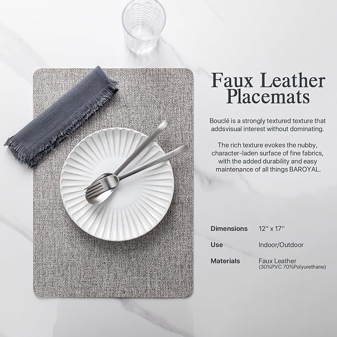 Faux Leather Placemats Set of 8 Vinyl Washable Wipeable Table Mats for Kitchen Dining Table Heat Resistant Waterproof Modern Indoor/Outdoor Placemats Non-Slip Easy Clean Place Mats (Mid Gray)