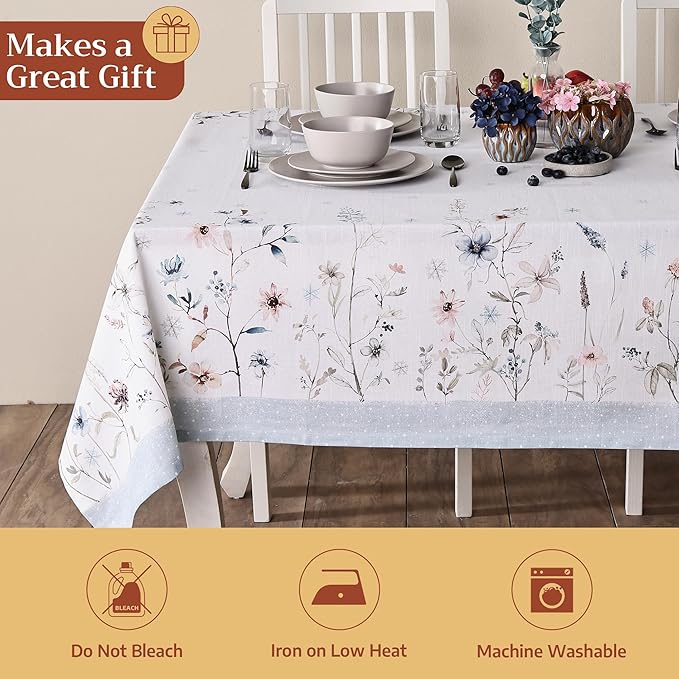 Maison d' Hermine Table Cloth Rectangle Table 100% Cotton 60 x 120 Inches Fall Tablecloth Reusable Everyday Use for Thanksgiving Christmas Decorations Dining Farmhouse Party (Ice Florals)