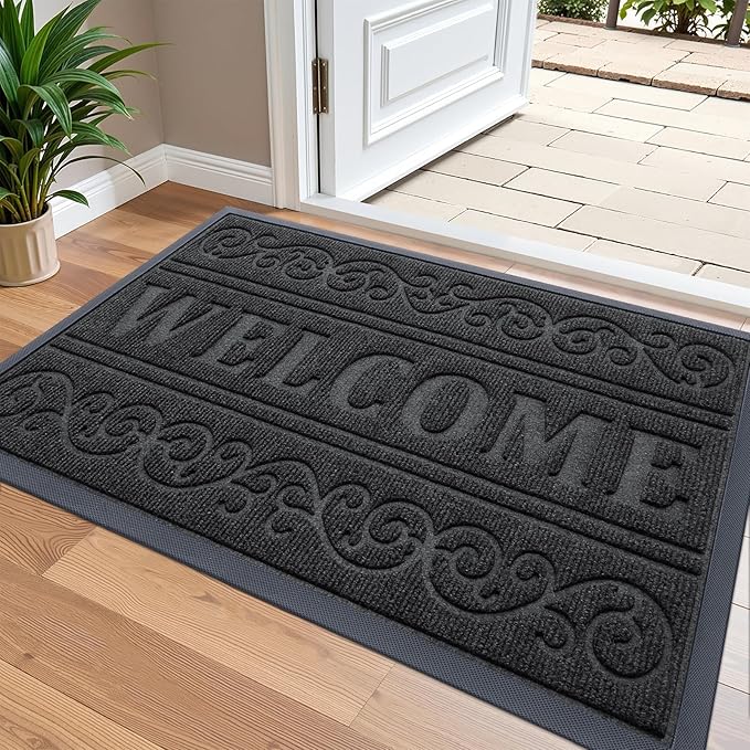 OLANLY Welcome Door Mat Indoor Outdoor Entrance, Heavy Duty Sturdy Front Door Mat, Waterproof All-Weather Doormat, Stain Resistant, Low Profile, Easy Clean Patio Entryway Mat, 36 x 24, Black