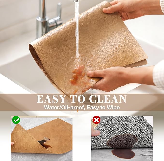 Roxifina Faux Leather Placemats Set of 4 - Vinyl Placemats Wipeable Waterproof Oil-Proof PU Place Mats Heat Resistant Reversible Table Mats for Dining, Kitchen, Outdoor, 12 x 17 Inch (Camel)