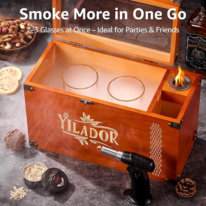 Old Fashioned Smoker Kit – Premium Wooden Gift Box for Whiskey & Cocktails, Electric Fan-Powered 2-in-1 Drink & Food Smoker, Impressive Gift for Men, Complete Set (Smoking Gun Not Required)
