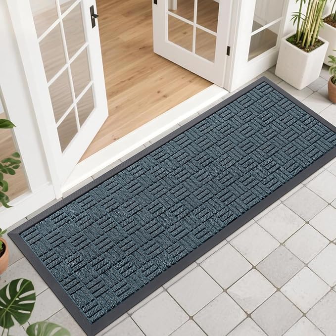 OLANLY Front Door Mat Outside Entrance 47x17, Absorbent, Heavy Duty Sturdy Natural Rubber Doormat Indoor Outdoor, Non-Slip, Stain and Fade Resistant, Low Profile Floor Mat for Entryway, Lake Blue