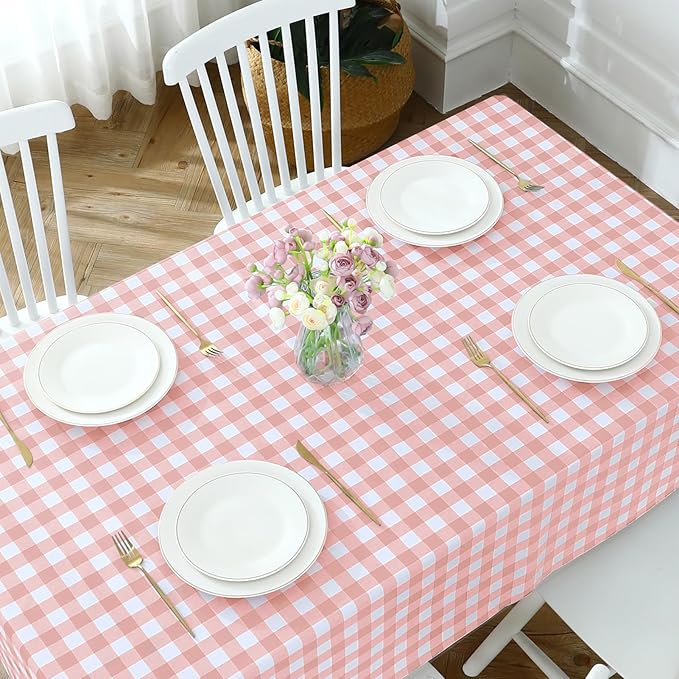 Romanstile Rectangle Vinyl Tablecloth, 100% Waterproof Checkered Plastic Table Cloth, Heavy Duty Buffalo Gingham Table Cover for Dining, Camping, Picnic, Outdoor - 54 x 108 Inch, Light Pink
