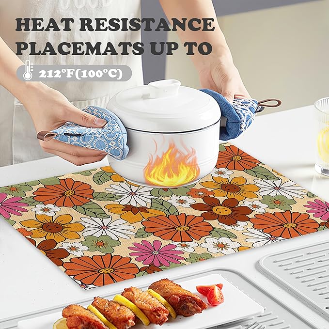 Retro 70s Groovy Flowers Placemats for Dining Table Set of 6,Hippie Daisy Place Mats for Home Party Kitchen Indoor Holiday Rustic Washable Heat Resistant Table Mats 12 x 18 Inch