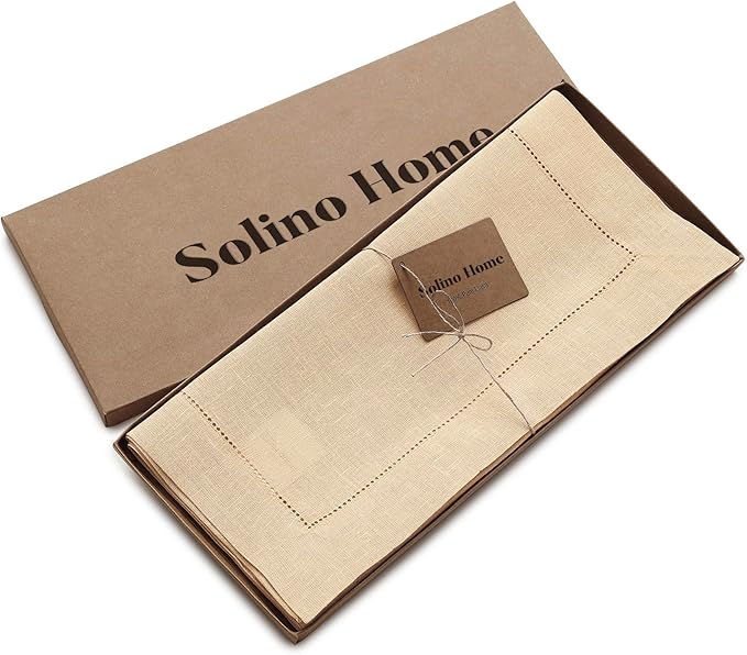 Solino Home Linen Beige Table Runner 72 Inches Long - 100% Pure Linen Hemstitch Table Runner 14 x 72 Inch for Dresser, Dining, Spring, Easter - Classic Hemstitch