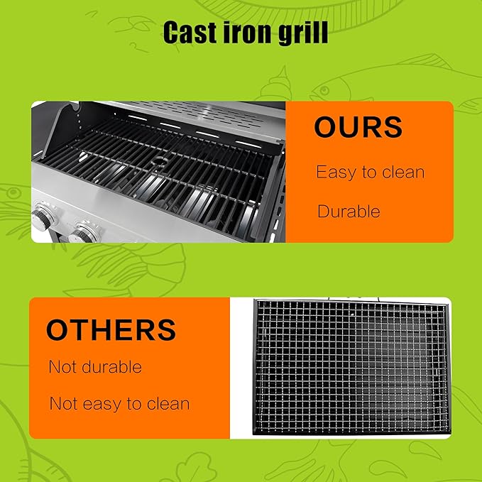 Zateety 4 Burner Propane Grill - 46,500 BTU Gas Grill with Side Burner, Stainless Steel with Iron Cast Grates for Outdoor Cooking, Patio, Camping BBQ, Garden Barbecue Grill, Black and Silver