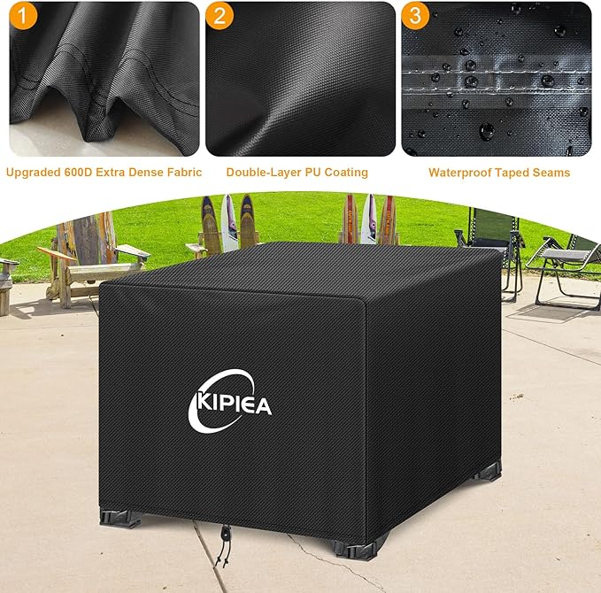 Kipiea Square Fire Pit Cover - Upgraded 600D Strong Tear Resistant, 100% Waterproof Fire Pit Table Cover, UPF 50+ Outdoor Firepit Cover Square Fading Resistant, 36" L x 36" W x 20" H