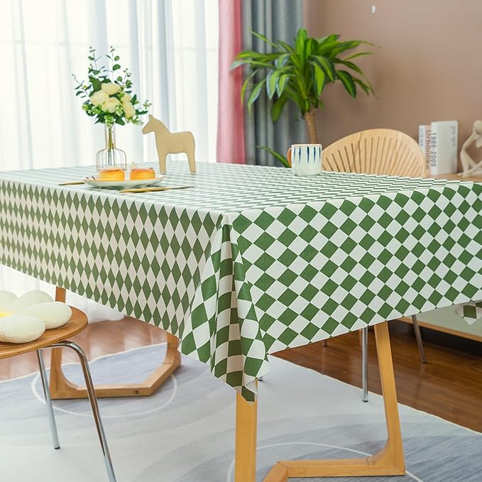 Square Table Cloth,100% Waterproof Tablecloth Oil Proof Spill Proof Vinyl Table Cloth, Wipe Clean Plastic Table Cover for Dining, Camping, Indoor and Outdoor 54" x 54",Green Checkered