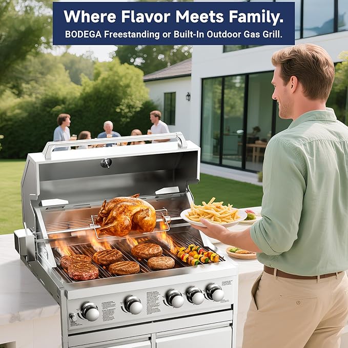 BODEGA 30 Inch 5-Burner Propane Gas Grill with Rotisserie Chicken Fork Kit, 58000-BTU Outdoor Gas Grill for Kitchen, LPG/NG Convertible, Backyard BBQ Grill with Temperature & Rear Infrared Burner.