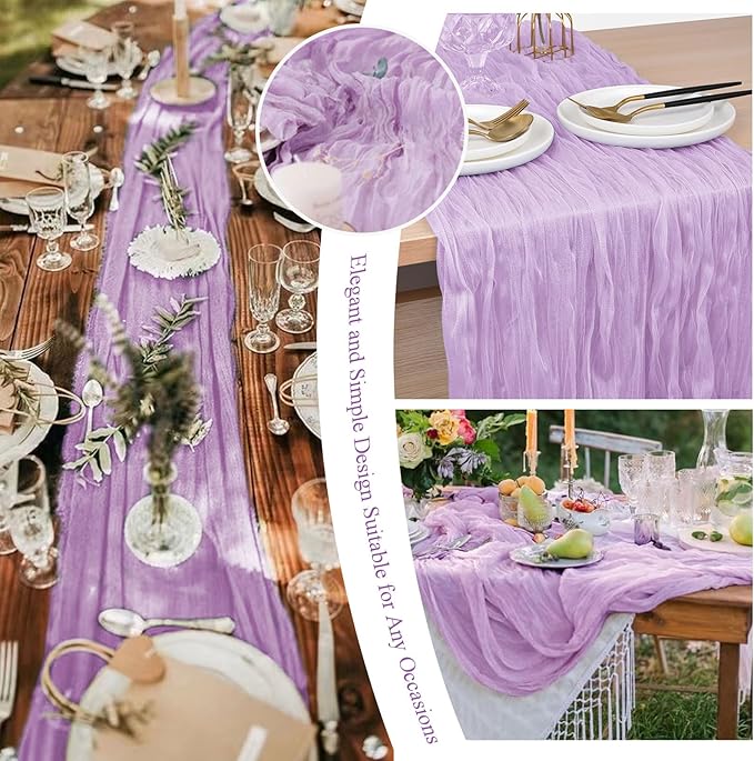 20 Packs Cheesecloth Table Runner 10FT Long Boho Gauze Fabric Table Runner Vintage Rustic Sheer Runners for Wedding Party Bridal Baby Shower Table Decorations (Lilac )