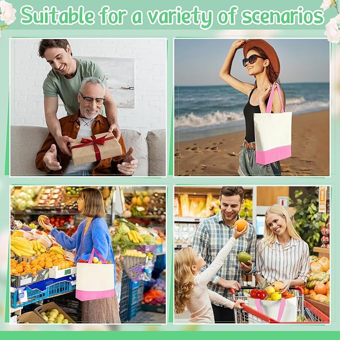 Sanwuta 24 Pcs Canvas Tote Bags Bulk with Zipper Cosmetic Bags 18.5" Cotton Canvas Bag with Handles Reusable Shopping Bags