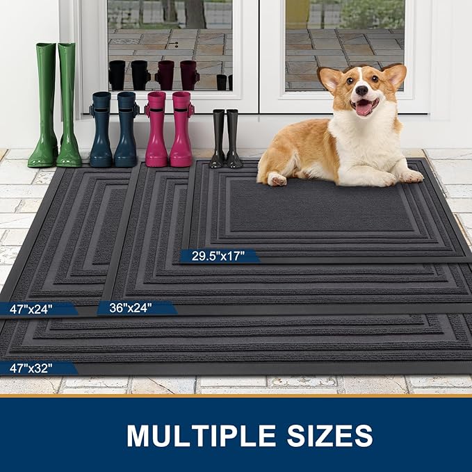 Buganda Front Door Mat Indoor Outdoor Entrance, Non-Slip Natural Rubber Doormats, Easy Clean, Low Profile, Dirt Trapper Entryway Floor Mats for Outside, Garages and Patios, 36x24, Light Grey