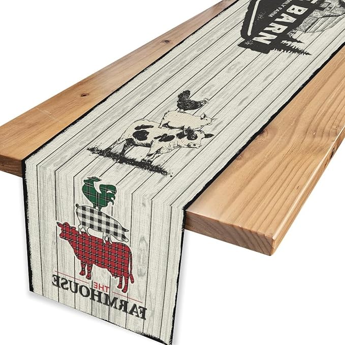 Farmhouse Pig Cow Table Runner, Rustic Black Rooster Animals Coffee Table Center Decor for Family Kitchen Dining Room and Living Room Outdoor Country Holiday Party Table Decorations, 13" X 108"