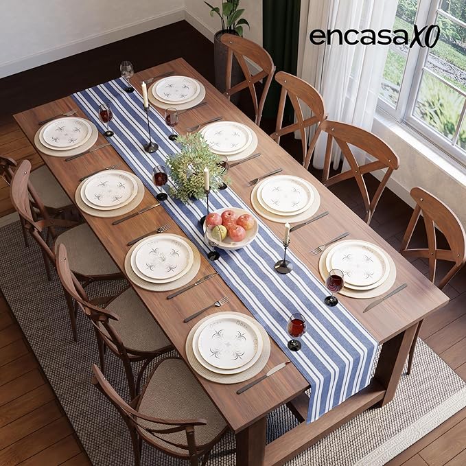 Encasa XO Cotton Dining Table Runner | Franca Blue Stripes | Size 13x48 in - Machine Washable & Durable