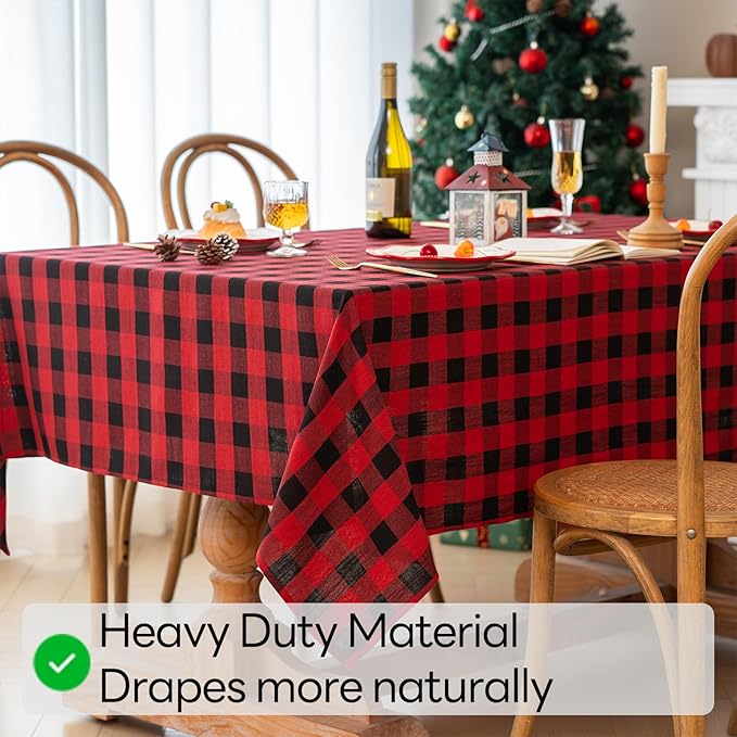 Gingham Christmas Tablecloth Heavy Duty Cotton Blend Red 60x102 inch Plaid Christmas Table Cloth Reusable Waterproof Foldable Tablecloths Xmas Table Cover for New Year Party Decor