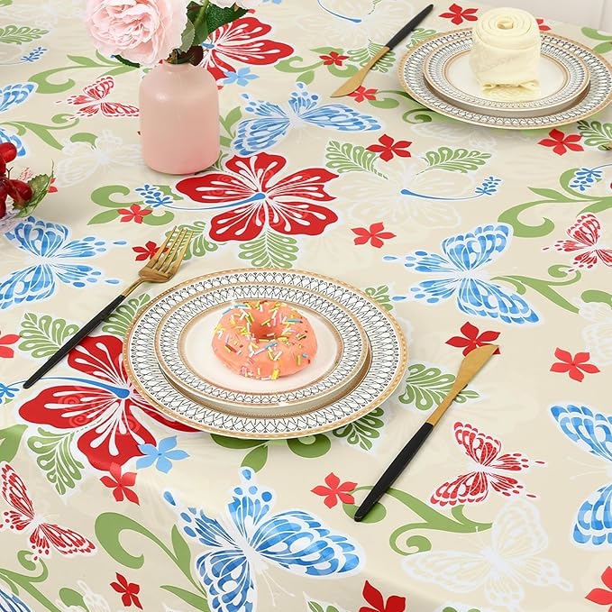 misaya Rectangle Waterproof Vinyl Table Cloth, Wipeable Tablecloth with Flannel Backing, Plastic Table Cover for Dinner, Picnic, Indoor and Outdoor (Butterfly, 60" x 84")