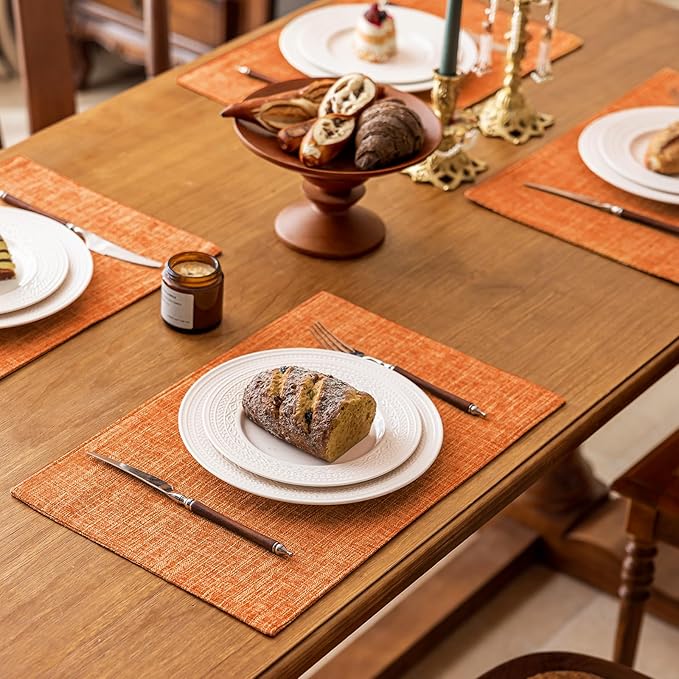 KXN Placemats Set of 4, Dual-Layer Thickened Faux Linen Table Mats, Heat Resistant & Wrinkle-Free, Machine Washable Cloth Place Mats for Kitchen Dining Indoor Outdoor (Orange)