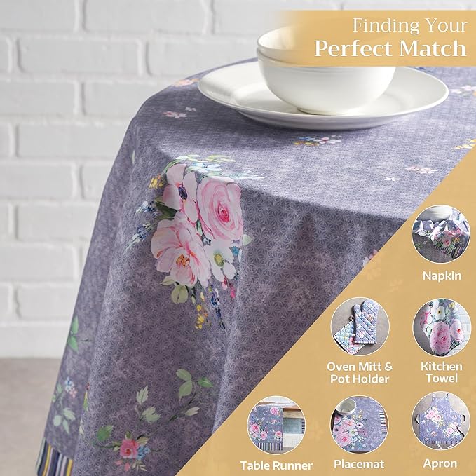 Maison d' Hermine Table Cloth Round Table 100% Cotton 69 Inches Tablecloth Reusable for Dining Room, Farmhouse, Home, Party, Festive & Wedding Spring Summer - Sweet Rose Lavender - Country Garden