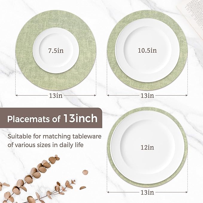 13" Round Placemats Set of 6, Reversible Faux Leather Heat Resistant Table Mats, Waterproof Oilproof Wipeable Table Protective Placemats for Vinyl, Washable for Indoor & Outdoor Use (6, Light Green)