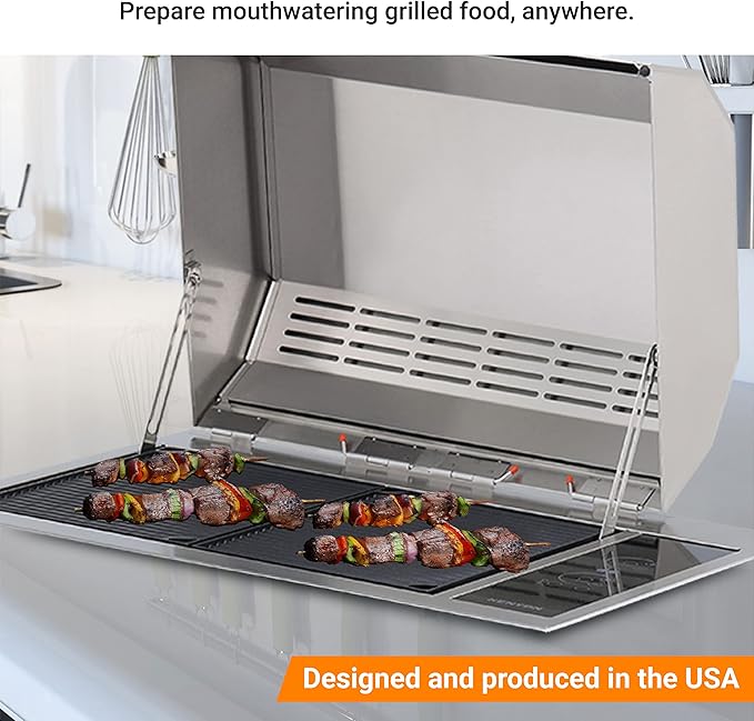 Kenyon Texan Built-In Electric Grill with Faceted Single Piece Lid and Standard Lite Touch Control, Stainless Steel Body, UL-Approved for Use Indoors and Outdoors, No-Flame Grill, 240 Volts