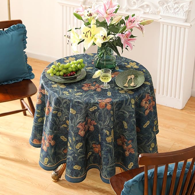 patdrea Designer Dark Blue Linen Round Tablecloth,Vintage French Rustic Floral Pattern Tablecloths,Decorative Table Cover Cloth for Kitchen,Dining,Tea Party,Home,Christmas,Diameter 55"