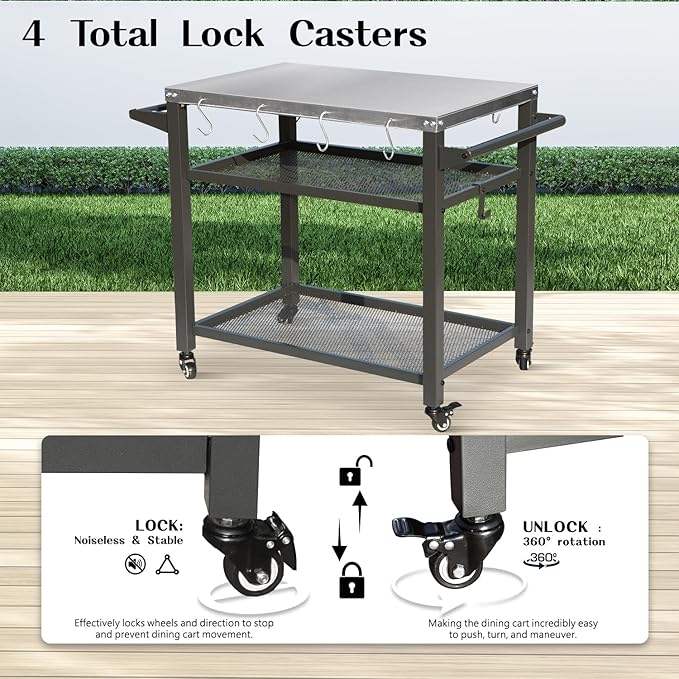 Domi 3-Tier Outdoor BBQ Grill Cart with Lockable Wheels | Portable Pizza Oven Stand & Food Prep Station | with Stainless Steel Tabletop & Propane Tanks | All-Weather Patio Cooking Center