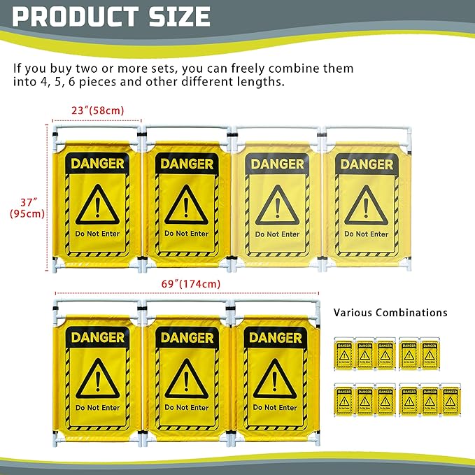 Safety Caution Barricade 3Panels Foldable Security Signs With PVC Tarp Removable Safety Barrier Wet Floor Guard Symbol Clear Printing Safety Fence(Yellow)