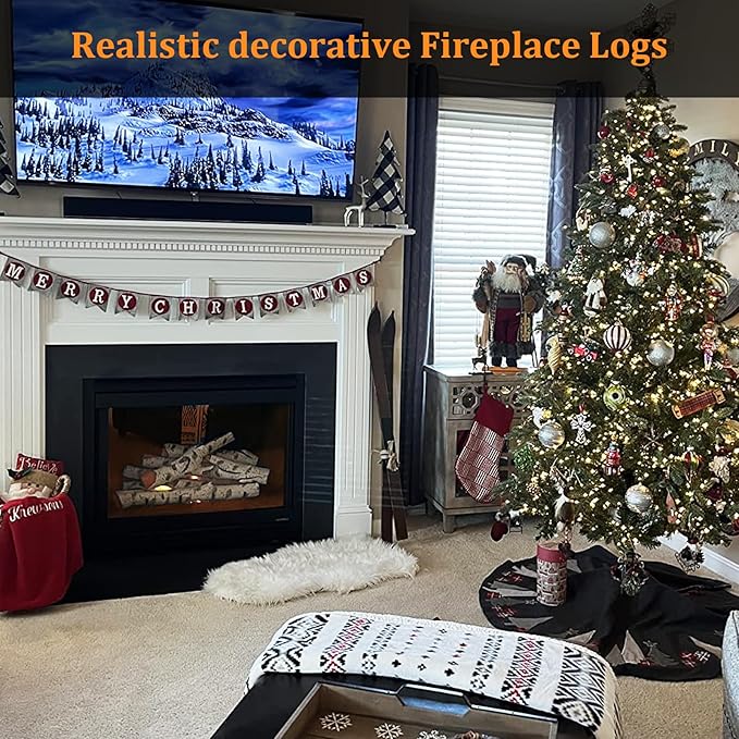 Gas Fireplace Logs, Birch Logs 7pcs Fake Fireplace Insert, Faux Ceramic White Birch Wood Firepit Firebowl Indoor or Outdoor Decor