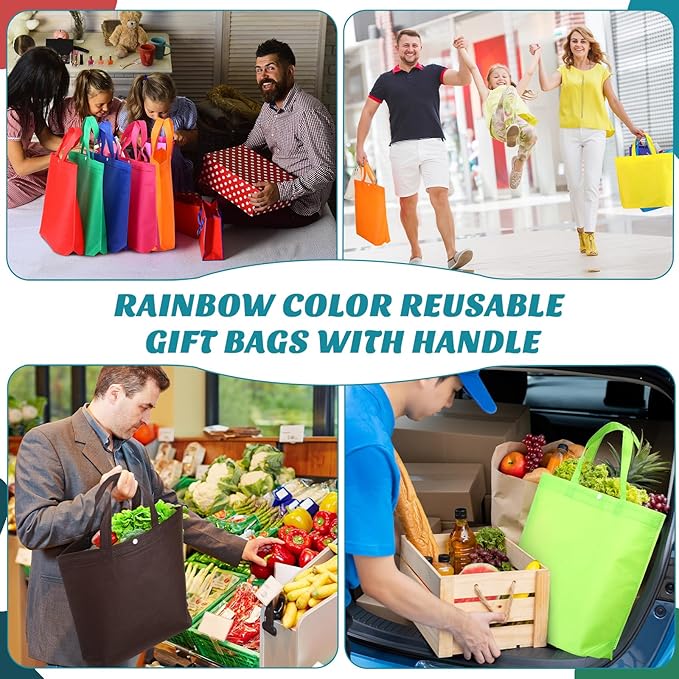 Paterr 150 Pcs Reusable Grocery Bags Bulk Large Grocery Shopping Tote with Handle Multicolor Non Woven Portable Tote Foldable Gift Bag with Button, 14.96 x 12.6 x 3.94 inches