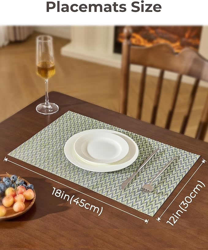 Leetaltree Green Placemats Set of 4 - Heat Resistant Non-Slip Place mats for Dining Table, Washable Durable PVC Vinyl Woven Table Mats（Green Zigzag, 4）