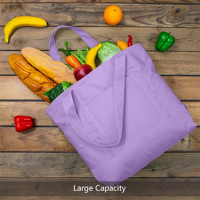 TOPDesign 3-Pack Canvas Tote Bags with an External Pocket, Reusable Grocery Shopping Bags, Top Zipper Closure, Daily Essentials (Lavender)