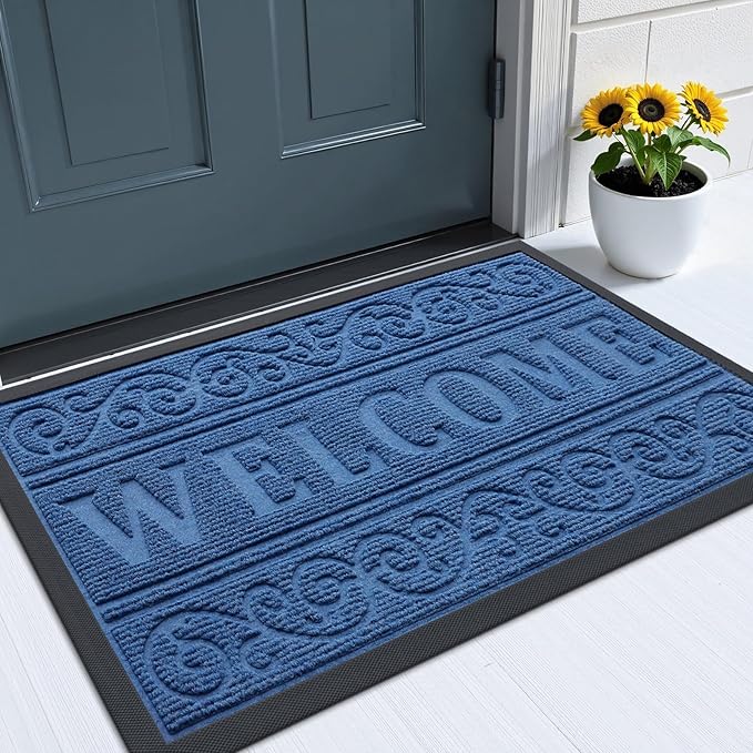 OLANLY Welcome Door Mat Indoor Outdoor Entrance, Heavy Duty Sturdy Front Door Mat, Waterproof All-Weather Doormat, Stain Resistant, Low Profile, Easy Clean Patio Entryway Mat, 29.5 x 17, Blue
