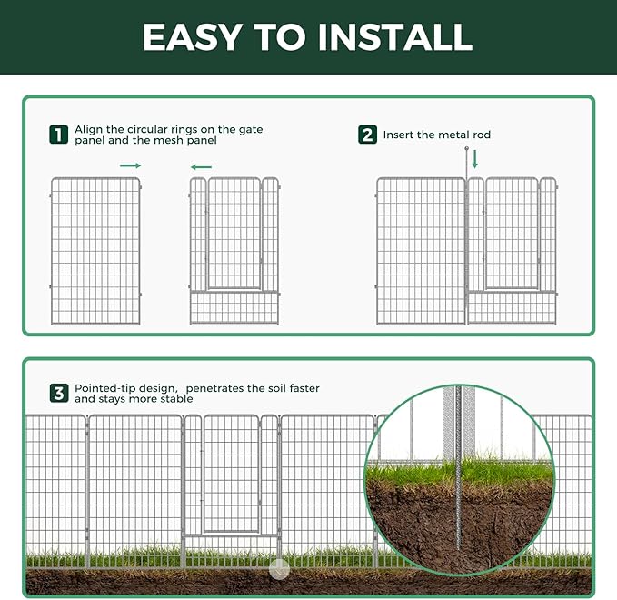 FXW Garden Fence Outdoor for The Yard – 50in(H) x 62.6ft(L) Heavy Duty Metal Animal Barrier for Dog and Rabbit, Decorative Dog Fence, 24 Panels, Silver