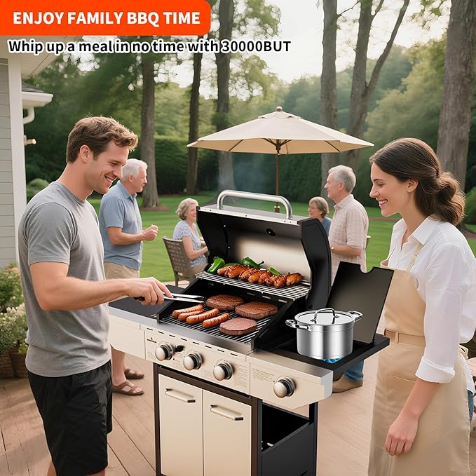 3-Burner Propane Gas BBQ Grill with Side Burner, 40,000 BTU Stainless Steel Propane Grill with Wheels and Storage,Outdoor Cooking Grill for Barbecue, Patio and Camping
