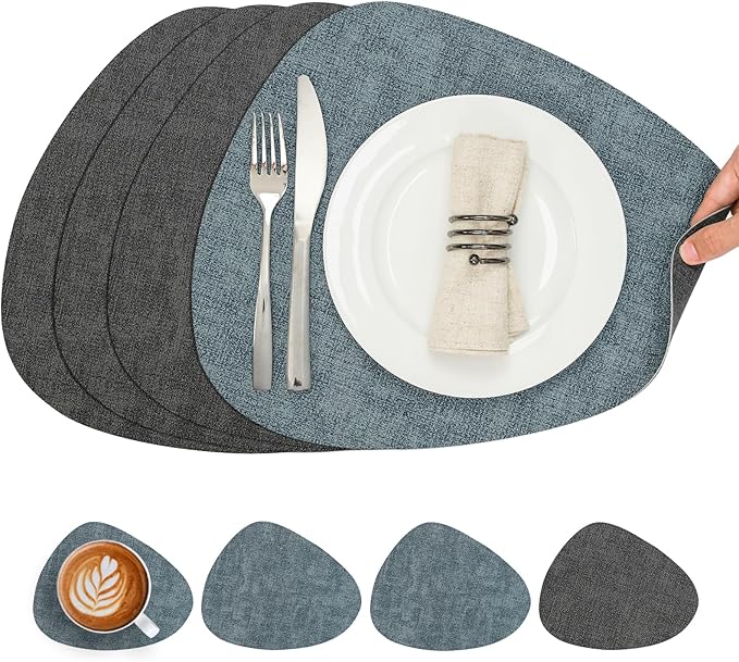 Placemats and Coasters, Washable Reversible Placemats Round Faux Leather Wipeable Place Mats Non Slip Heat Resistant Indoor Outdoor Table Mats (Set of 4, Gray Light Blue)