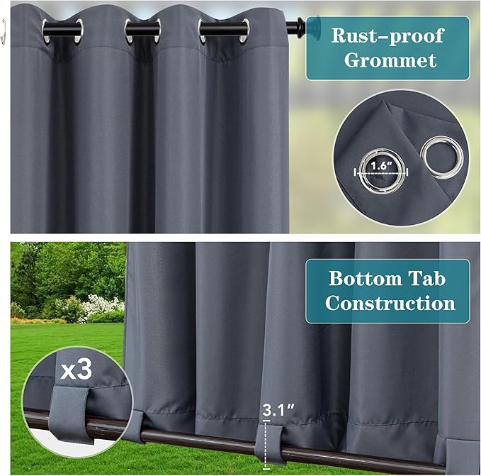 HolidayIdeas Patio Curtains Outdoor Waterproof-4 Panels 54x84 Inch-Windproof Weatherproof Privacy Grey Outside Curtains-Grommet Top and Tab Bottom Drape for Gazebo, Porch, Pergola, Cabana, Backyard
