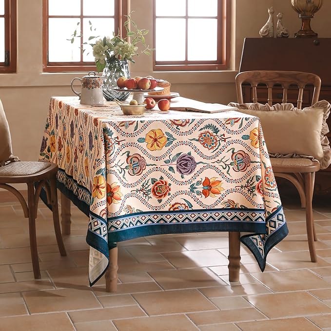 Vintage French Rectangular Tablecloth,Linen Extra Long Tablecloth with Rose and Cornflower Pattern,Decor Table Cover for Kitchen,Dining,Thanksgiving,Tea Party,63" × 110"-Lanae