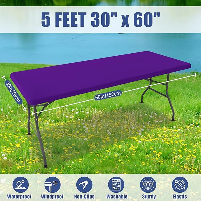 Spandex 5 Foot Rectangle Table Cloth 6 Pack, Elastic Fitted Tablecloths for Picnic, Stretch Washable Patio Table Cover for Outdoor, Camping, Banquet and Parties (Purple, 30"x60")