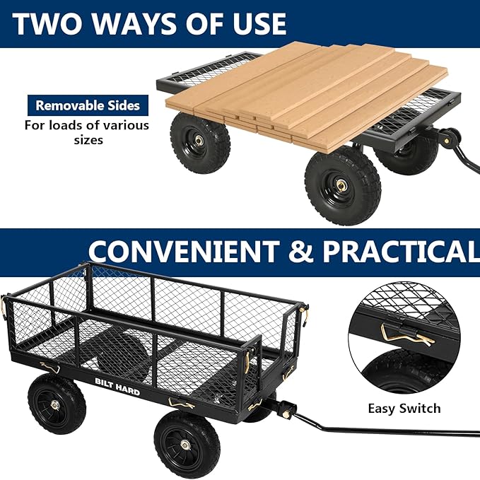 BILT HARD 880 lbs 10" Tires Steel Garden Cart with 180° Rotating Handle and Removable Sides, Heavy Duty 4 Cu.Ft Capacity Utility Garden Carts and Wagons, Black