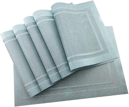 Gugrida Placemats Set of 6 Plaid Checkered Blue PVC Placemat for Dining Table Durable Woven Vinyl Stain tablemats 18"X12"