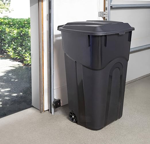 32 Gallon Heavy Duty Wheeled Plastic Garbage Can with Attached Lid and Easy Grip Handle – Bottom Hand Groove, Rugged Wheels, Indoor Outdoor Trash Can for Home, Kitchen, Yard, Patio (1)